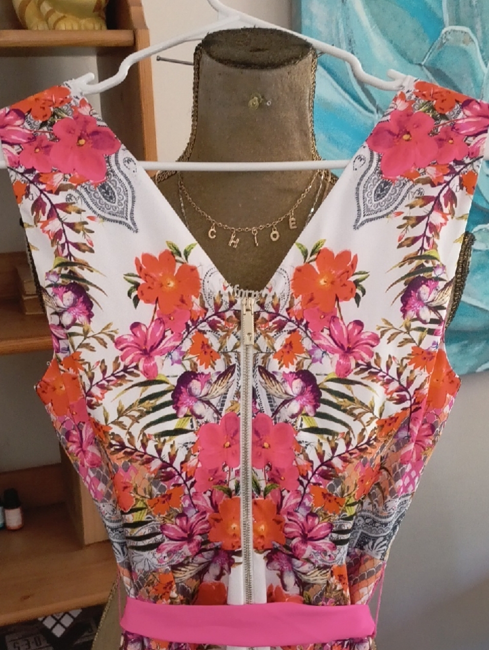Sleeveless Floral V-Neck Jumpsuit with Tie Waist - Pink & Orange - Picture 6 of 7